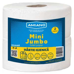 Hartie Igienica Mini Jumbo Amiano, 2 Role/Set, 2 Straturi, Culoare Alba, Hartie Igienica WC, Hartie Igienica Horeca, Hartie Igienica Horeca Mini Jumbo, Hartie Igienica Mini, Hartie Igienica Natur, Hartie Igienica Natur Horeca
