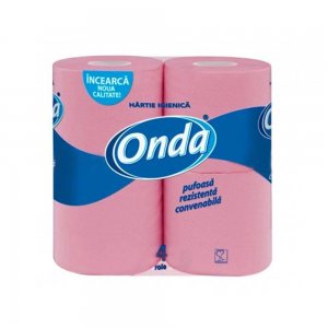 Hartie Igienica ONDA, 2 Straturi, 4 Role/Bax, 135 Foi/Rola, Neparfumata, Latime 9 cm, Culoare Roz, Hartie Igienica Neparfumata, Hartie Igienica Roz ONDA, Hartie Igienica Simpla la Bax