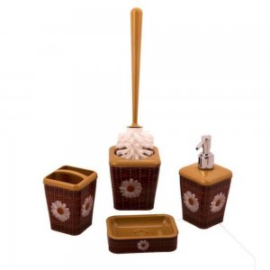 Set Baie cu 4 Piese, Polipropilena, Imitatie Rattan, Culoare Maro, Set Perie WC, Sapuniera, Recipient Sapun Lichid, Set pentru Baie, Seturi pentru Baie, Set Accesorii pentru Baie,  Set de Recipiente pentru Baie, Recipiente pentru Cosmetice