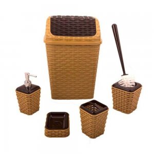 Set Baie cu 5 Piese, Polipropilena, Imitatie Rattan, Culoare Maro, Set Perie WC, Cos Gunoi Baie, Sapuniera, Recipient Sapun Lichid, Seturi pentru Baie, Set Accesorii pentru Baie, Set de Recipiente pentru Baie, Recipiente pentru Cosmetice