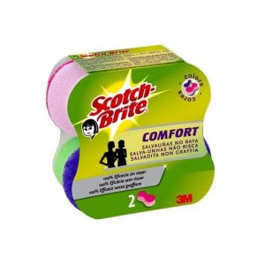 Bureti SCOTCH BRITE Confort Delicat de Bucatarie, 2 Buc/Set, Spuma Poliuretanica si Fibra Abraziva, Diferite Culori, Burete din Spuma Poliuretanica, Burete Fibra Abraziva, Burete Vase Ergonomic, Burete Vase, Bureti Vase,