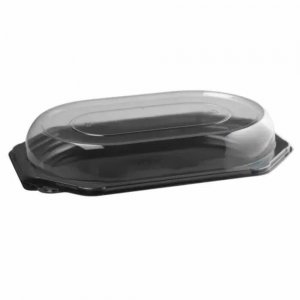 Set 100 Platouri Ovale cu Capac, 33.5x25x3.8 cm, Negre, Polipropilena, Set Platouri Plastic cu Capac pentru Catering, Platouri Plastic cu Capac pentru Alimente, Platouri Plastic pentru Catering, Platouri cu Capac pentru Transport Alimente