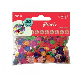 Paiete Plastic Asortate DACO, 20 g, Dimensiuni Variabile, Multicolor, Accesorii Craft, Accesorii Creatie, Paiete Colorate, Paiete Mici, Paiete Forme Diverse, Paiete de Cusut, Paiete Mari de Cusut, Paiete Flori
