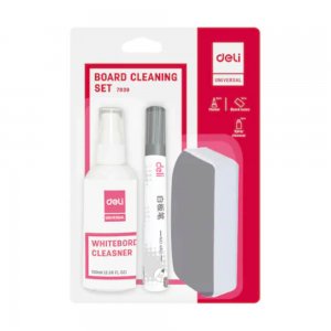Kit Whiteboard DELI Universal, Solutie de Curatare de 100 ml, Marker cu Varf de 2mm si Burete Magnetic, 3 Buc/Set, Set pentru Panouri Whiteboard, Set Curatare Panou Whiteboard, Set Intretinere Panou Whiteboard, Set cu Marker Placa Whiteboard