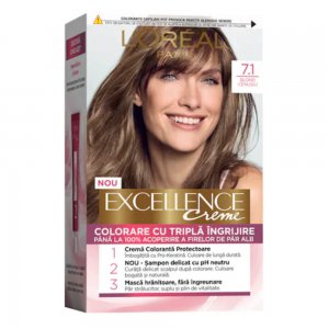 Vopsea de Par Permanenta L'OREAL Paris Excellence Creme 7.1, Blond Cenusiu Inchis, 192 ml, Cu Amoniac, Vopsea de Par, Vopsea de Par Permanenta, Vopsea de Par L'OREAL, Vopsea de Par L'OREAL Paris Excellence, Vopsea Permanenta L'OREAL