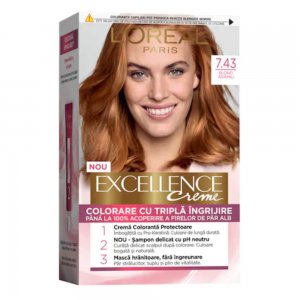 Vopsea de Par Permanenta L'OREAL Paris Excellence Creme 7.43, Blond Aramiu, 192 ml, Cu Amoniac, Vopsea de Par, Vopsea de Par Permanenta, Vopsea de Par L'OREAL, Vopsea de Par L'OREAL Paris Excellence, Vopsea Permanenta L'OREAL