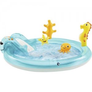 Piscina Gonflabila Ocean Happy People Cu Calut De Mare Si Tobogan, 198 X 150 X 18 Cm