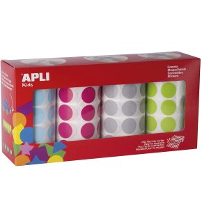 Set role autocolant rotund Apli, 20 mm, bleu, roz, gri, verde Set role autocolant rotund Apli, 20 mm, bleu, roz, gri, verde