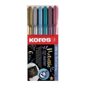 Set 6 markere permanente metalice Kores, varf tip pensula, in blister Set 6 markere permanente metalice Kores, varf tip pensula, in blister