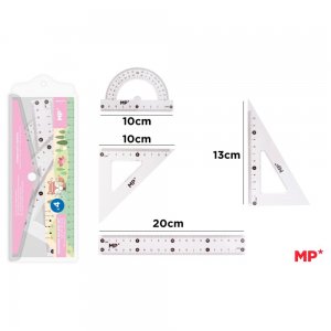Set geometrie Main Paper, 4 piese, transparent, raportor, 2 echere, rigla 20 cm, blister roz