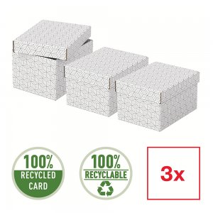 Cutie depozitare Esselte Home Recycled, carton reciclat si reciclabil, 255x200x150 mm, cu capac, 3 bucati/set, alb Cutie depozitare Esselte Home Recycled, carton reciclat si reciclabil, 255x200x150 mm, cu capac, 3 bucati/set, alb