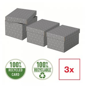 Cutie depozitare Esselte Home Recycled, carton reciclat si reciclabil, 255x200x150 mm, cu capac, 3 bucati/set, gri Cutie depozitare Esselte Home Recycled, carton reciclat si reciclabil, 255x200x150 mm, cu capac, 3 bucati/set, gri