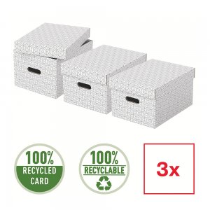 Cutie depozitare Esselte Home Recycled, carton reciclat si reciclabil, 365x265x205 mm, cu capac, 3 bucati/set, alb Cutie depozitare Esselte Home Recycled, carton reciclat si reciclabil, 365x265x205 mm, cu capac, 3 bucati/set, alb