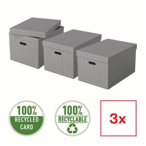 Cutie depozitare Esselte Home Recycled, carton reciclat si reciclabil, 510x355x305 mm, cu capac, 3 bucati/set, gri Cutie depozitare Esselte Home Recycled, carton reciclat si reciclabil, 510x355x305 mm, cu capac, 3 bucati/set, gri