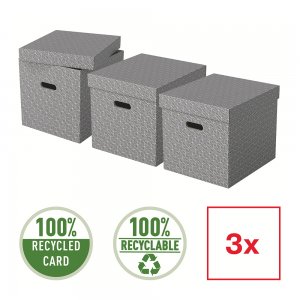 Cutie depozitare Esselte Home Recycled, carton reciclat si reciclabil, 365x320x315 mm, cu capac, 3 bucati/set, gri Cutie depozitare Esselte Home Recycled, carton reciclat si reciclabil, 365x320x315 mm, cu capac, 3 bucati/set, gri