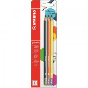 Set 3 creioane grafit tip HB 160, galben, portocaliu, petrol, cu radiera