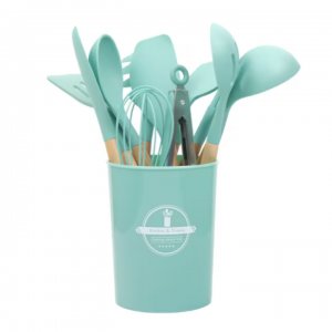 Set 12 Ustensile Din Silicon Termorezistent Si Maner Din Bambus, Culoare Turcoaz