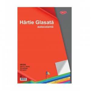 Hartie Glasata Autocolanta Lucioasa DACO, 24x34 cm, 10 Coli/Top, 10 Culori, Hartie Glasata Autocolanta, Hartie Glasata, Hartie Glase Autocolanta, Hartie Glasata Lucioasa, Hartie Glasata Colorata, Hartie Autocolanta Colorata, Rechizite Scolare