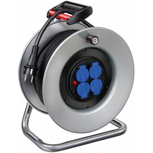 Prelungitor Cu Roata Metalica, Brennenstuhl, 4 Prize Laterale Cu Capac, Cablu 25 M - Negru/argintiu