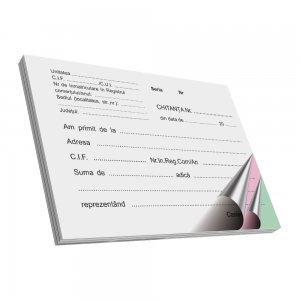 Chitantier Autocopiativ A6, 3 Exemplare, Tipar 1+0, Coperta Fata Tiparita, Coperta din Carton + Prelungire Cartonata