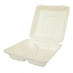 Set 250 Caserole Biodegradabile cu Capac pentru Meniu din Fibra Lemnoasa, Dimensiune 215x215x60 mm, 2 Compartimente