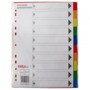 Separatoare din Plastic EVOffice, 10 Culori/Set, Format A4, Despartitoare din Plastic, Separatoare Bibliorafturi - Index din Plastic
