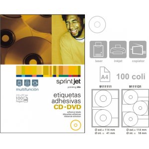 Etichete Autoadezive Pentru Cd-uri, 3/a4, (d114 Mm -outside, D18 Mm -inside) Sprintjet - Albe