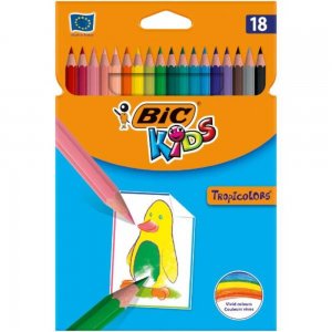 Set 18 Creioane Color BIC Tropicolors, 18 Culori, Fara Lemn, Corp Hexagonal din Rasina Sintetica, Set Creioane Colorate, Creioane Set, Creioane pentru Desen din Rasina Sintetica, Creioane Colorate pentru Scolari, Creioane de Colorat, Rechizite Scolare