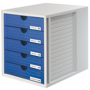 Suport Plastic Cu 5 Sertare Pentru Documente, Han - Gri Deschis - Sertare Albastre