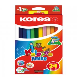 Creioane Colorate 24 Culori + Ascutit. Triunghiulare Jumbo Kores Creioane Colorate 24 Culori + Ascutit. Triunghiulare Jumbo Kores