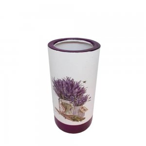 Vaza Ceramica, Model Lavanda, Cilindrica, 19 cm Inaltime, Alb si Mov, Vaza pentru Flori, Vaza Ceramica pentru Flori, Vaza Flori, Vaza Mare, Vaza Inalta, Vaza Cilindrica, Vaza Forma Simpla, Vaza cu Model Imprimat, Vaza Alba cu Mov