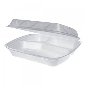 Caserole Meniu, 24x21x7 cm, 100 Buc/Set, Polistiren Expandat, 3 Compartimente, Culoare Alba, Caserole Polistiren, Caserola Unica Folosinta Polistiren, Caserole Compartimentate cu Capac, Ambalaje Catering, Caserole Fast Food, Caserola Meniu