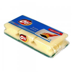 Set 3 Bureti cu Canelura OTI Clean, 85x65x40 mm, Culoare Galbena, Spuma Poliuretanica si Fibra Abraziva, Burete cu Spuma si Fibra Abraziva, Bureti cu Canelura pentru Vase, Burete Menaj, Burete cu Canelura, Bureti de Vase