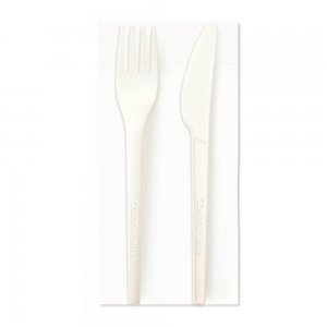 Set Tacamuri Biodegradabile din CPLA, Furculita, Cutit, Servetel, Albe Set Tacamuri Biodegradabile din CPLA, Furculita, Cutit, Servetel, Albe