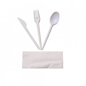 Set Tacamuri Biodegradabile din CPLA, Furculita, Lingura, Cutit, Servetel, Albe Set Tacamuri Biodegradabile din CPLA, Furculita, Lingura, Cutit, Servetel, Albe