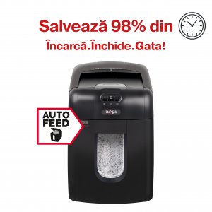 Distrugator Documente Automat Rexel Auto+ 130m, P5, Micro-cut (particule), 130 Coli, Cos 26l, Negru