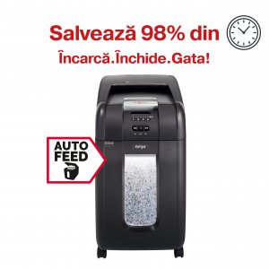 Distrugator Documente Automat Rexel Auto+ 300m, P5, Micro-cut (particule), 300 Coli, Cos 40l, Negru