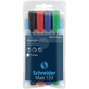 Permanent Marker Schneider Maxx 133, Varf Tesit 1+4mm, 4 Culori/set - (n, R, A, V) Permanent Marker Schneider Maxx 133, Varf Tesit 1+4mm, 4 Culori/set - (n, R, A, V)