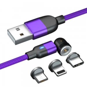 Cablu de Incarcare Violet 3 in 1 cu Conector Magnetic Rotatie la 540°, Incarcare 5V 2.4A, 2 Metri, Conector pentru IOS/Android/USB-C Cablu de Incarcare Violet 3 in 1 cu Conector Magnetic Rotatie la 540°, Incarcare 5V 2.4A, 2 Metri, Conector pentru IOS/Android/USB-C