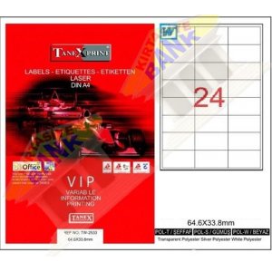 Etichete Polyester Argintii, Autoadezive, 24/a4, 64.6 X 33.8mm, 25 Coli/top, Tanex - Colturi Drepte